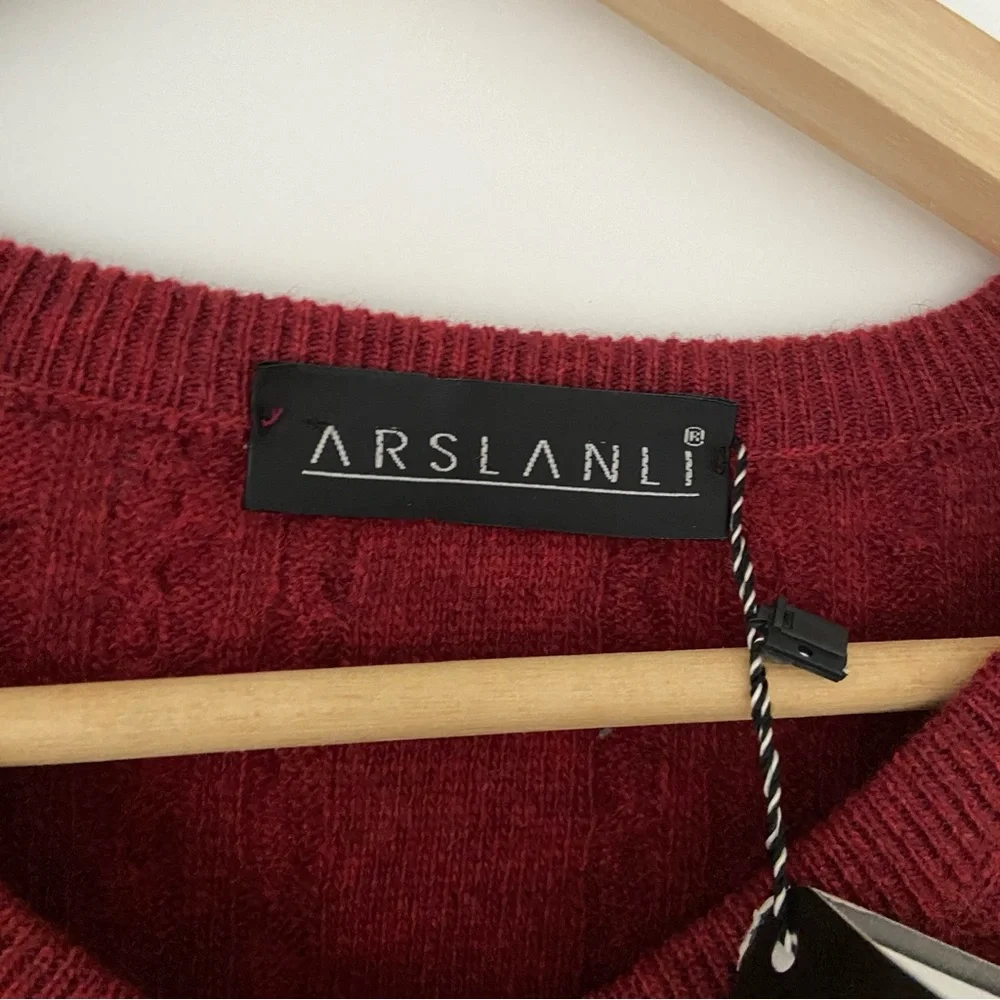 ARSLANLI DEEP RED/BURGUNDY V NECK CABLE KNIT WOOL BLEND SWEATER, LARGE - Picture 9 of 12